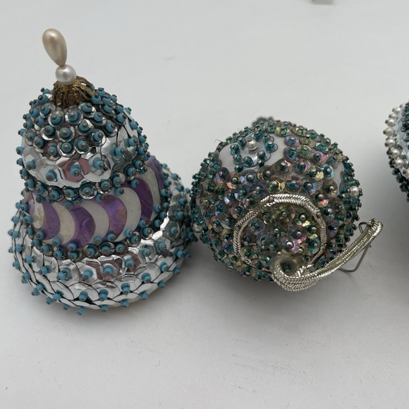 Vintage MCM  PUSH PIN ORNAMENT SEQUIN BEAD ORNATE CHRISTMAS HANDMADE Blue Silver - Picture 12 of 16